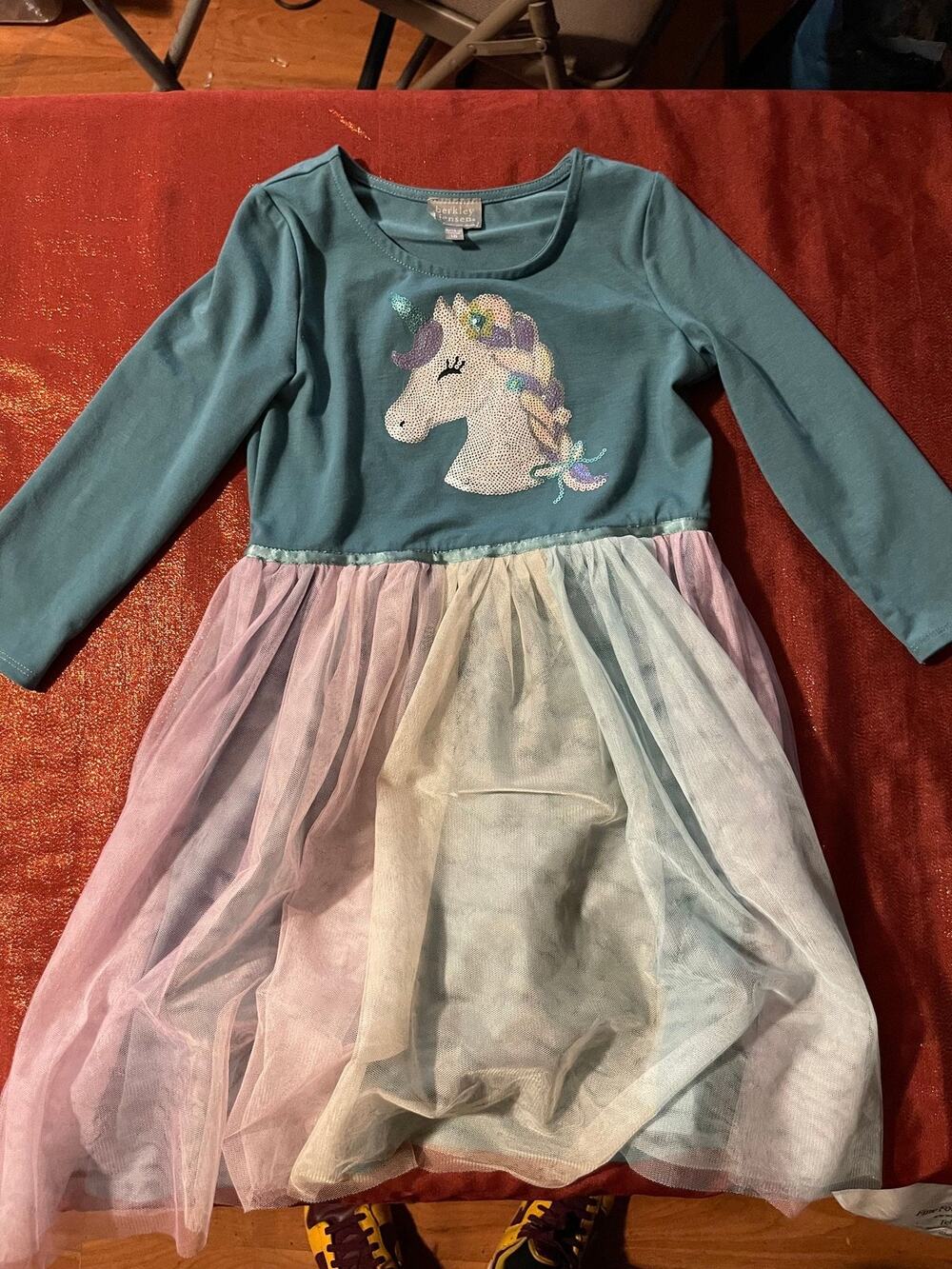 Berkley Jensen Dress Girls 10 Unicorn Sequin Tulle Skirt Long Sleeve Pastel